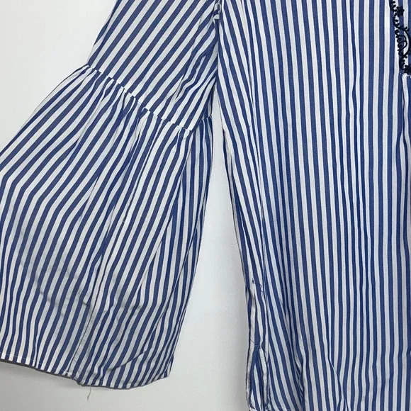 LOFT Sz MED Flowy Striped Embroidered V-Neck Peasant Blouse Bell Sleeve #boho - Picture 4 of 9